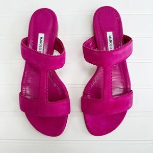 Manolo Blahnik Artas Suede Sandals Dark Pink Magenta Flat